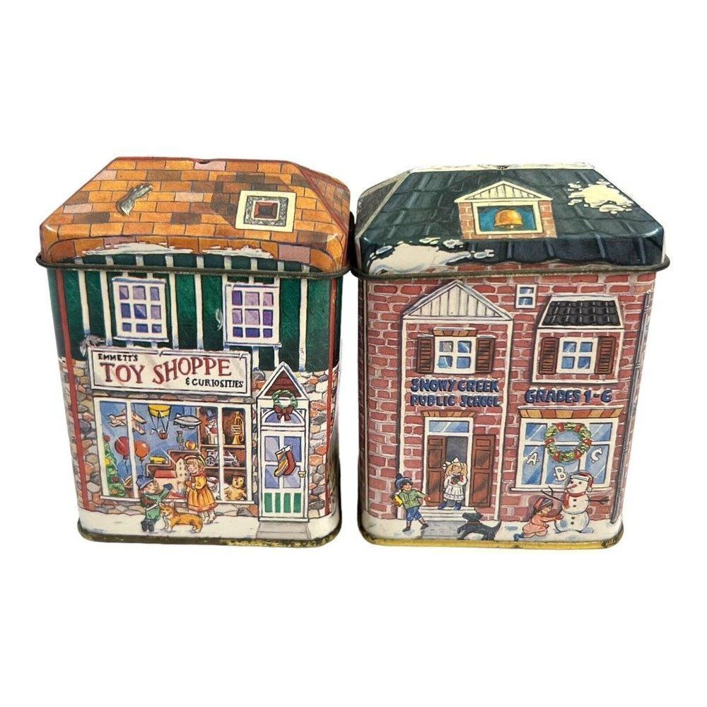 Vintage Lot 2 Christmas Village Tins Toy Shoppe & School Spice General Store